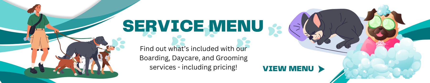 Tailwaggers service menu banner linking to a price list PDF for grooming spa and other services